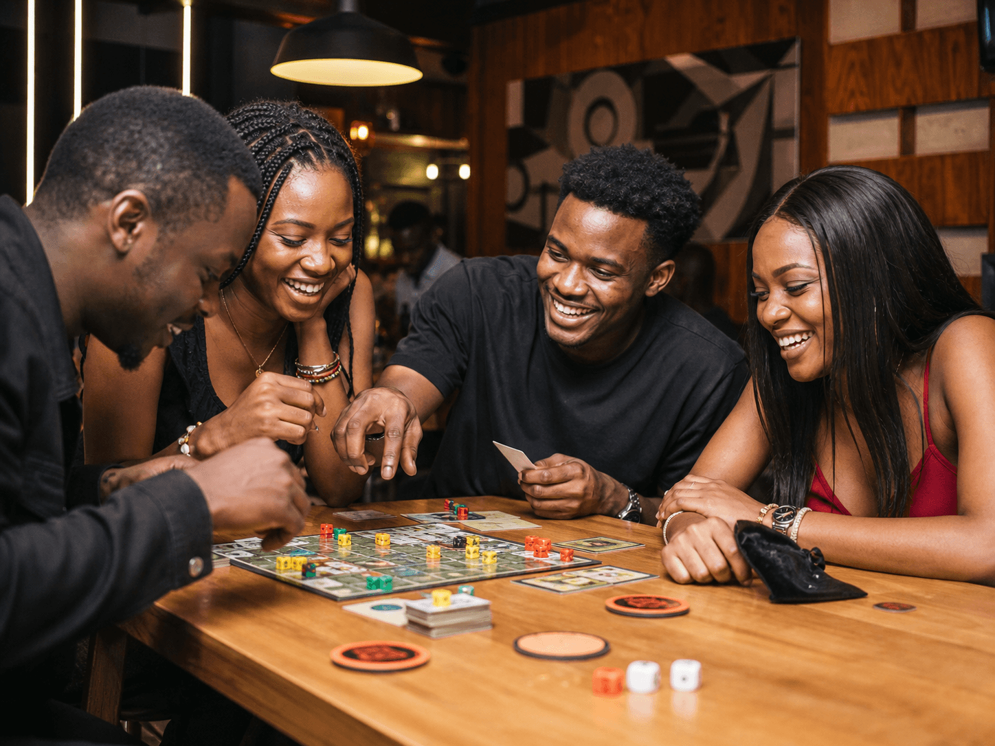 Friends laughing over a tabletop game at a Lagos game house