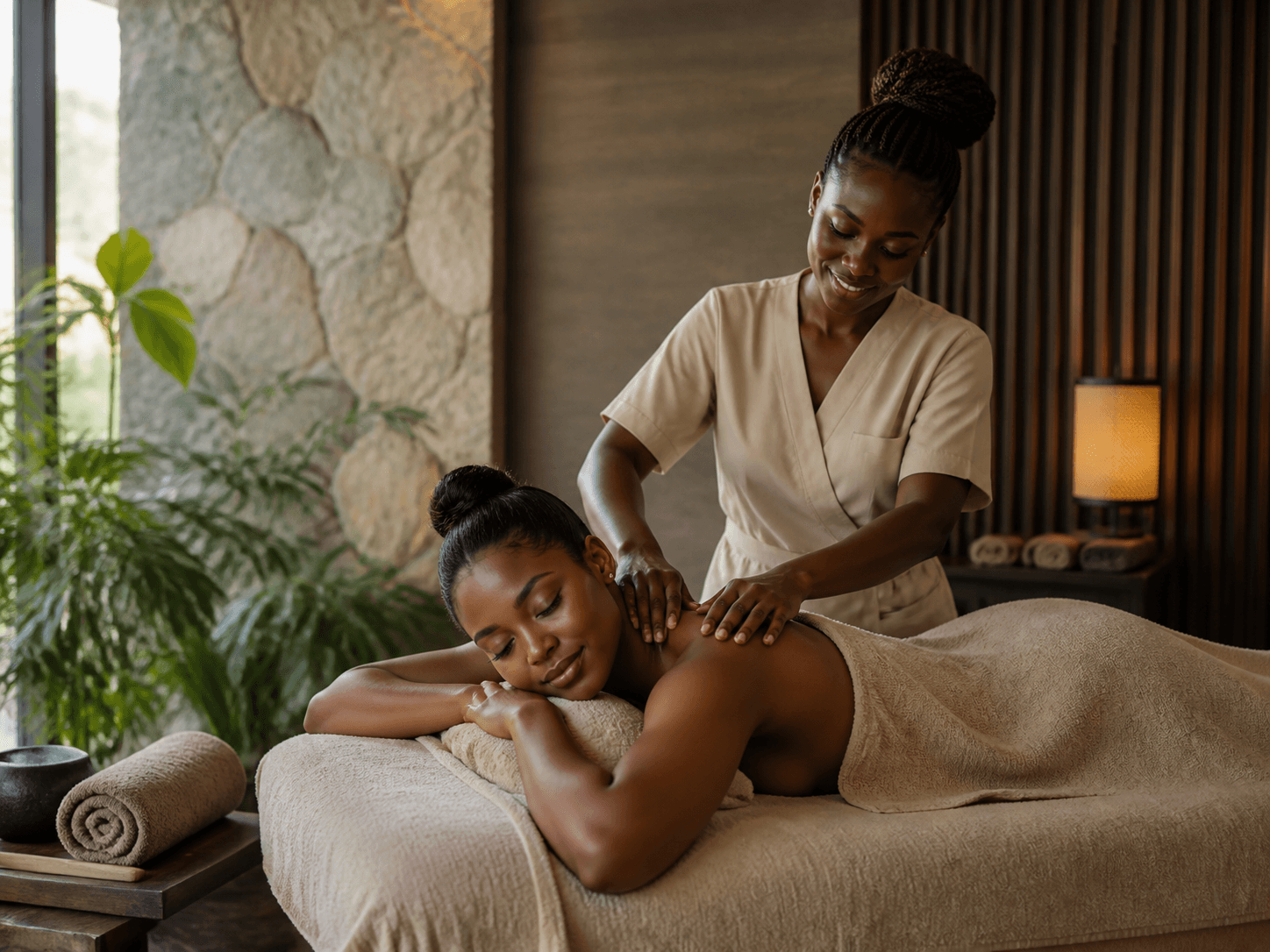A guest receiving a relaxing treatment at a contemporary Lagos spa